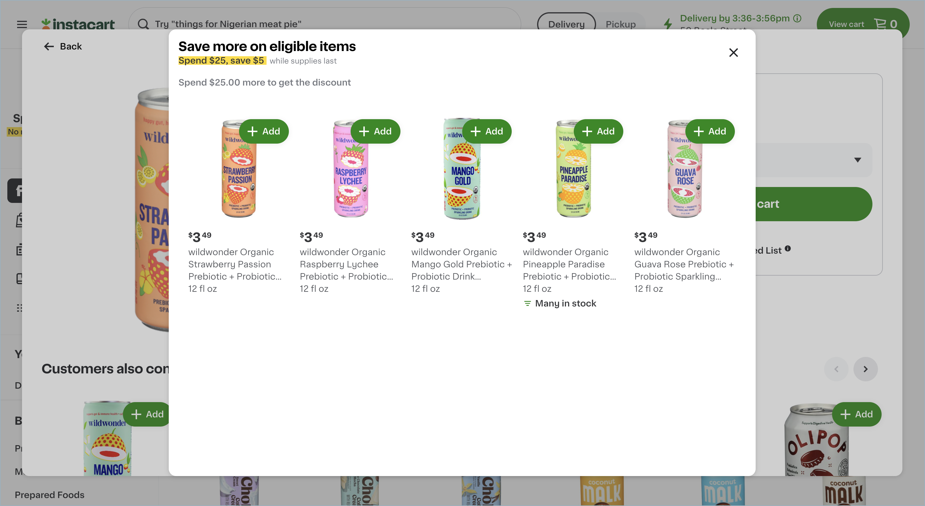 Shows a "Save more on eligible items" modal with a "Spend $25, save $5" promotion. Five wildwonder sparkling drinks are displayed at $3.49 each with an Add button.